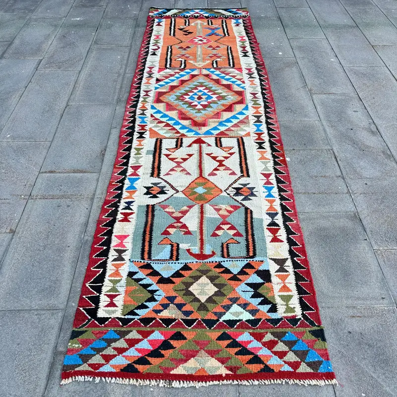 Zarif Bej Halı, 2,9x10,6 ft, Turuncu Vurgular