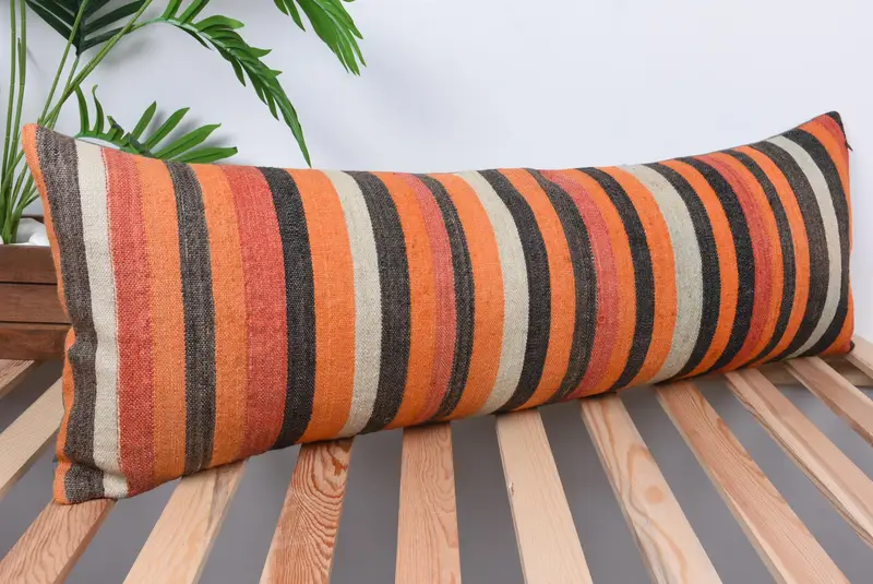 Tribal Cushion Cover, Turkish Pillow, Turkish Kilim Pillow, Home Decor Pillow, Handwoven Pillow Cover, 12x36 Orange Cushion Case, Cushion - 4