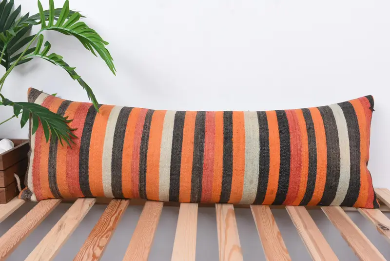 Tribal Cushion Cover, Turkish Pillow, Turkish Kilim Pillow, Home Decor Pillow, Handwoven Pillow Cover, 12x36 Orange Cushion Case, Cushion - 1
