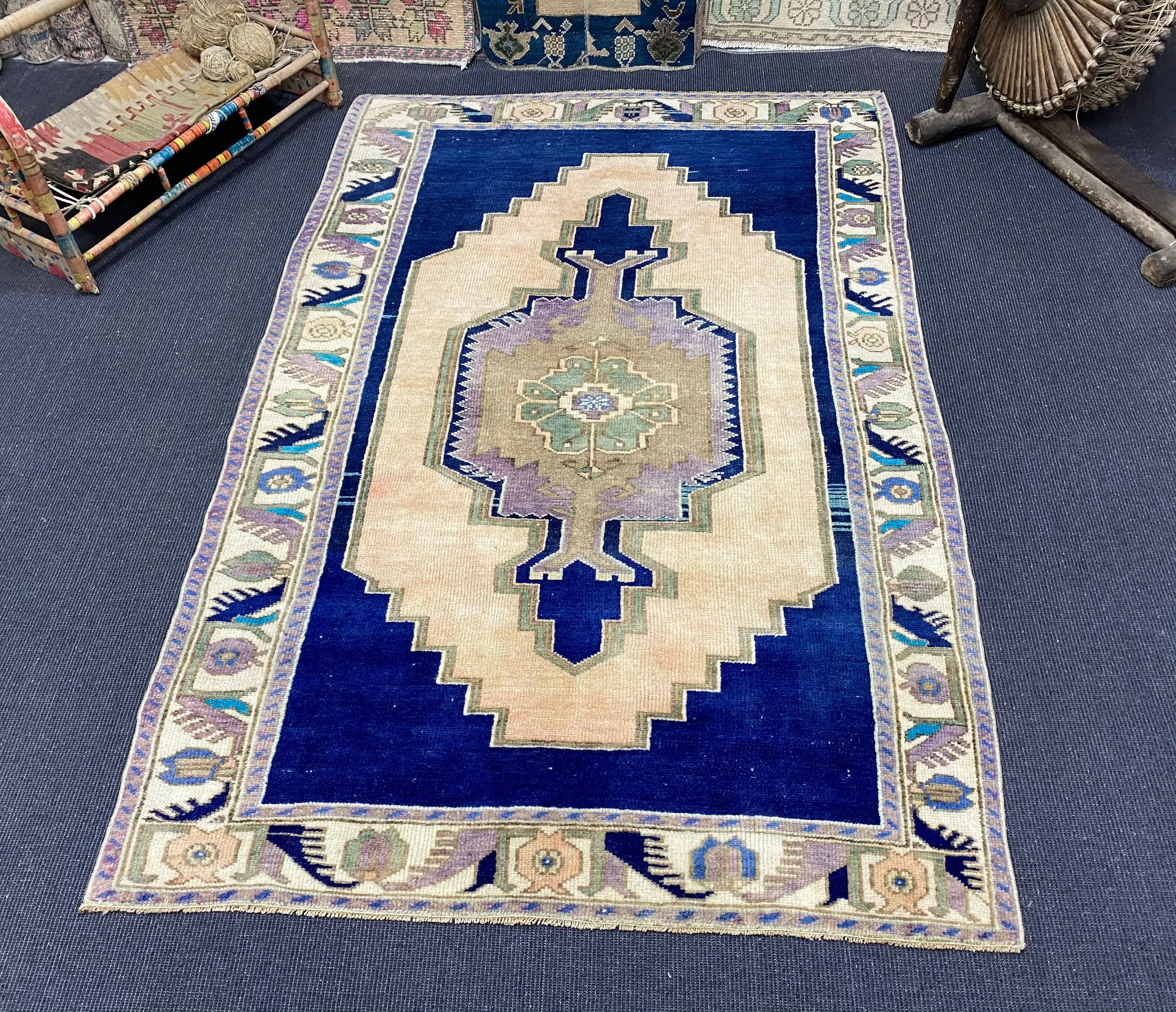 Turkish Vintage Rug, 4.1x6.6 ft Rug, Blue White Floral Rug - 1