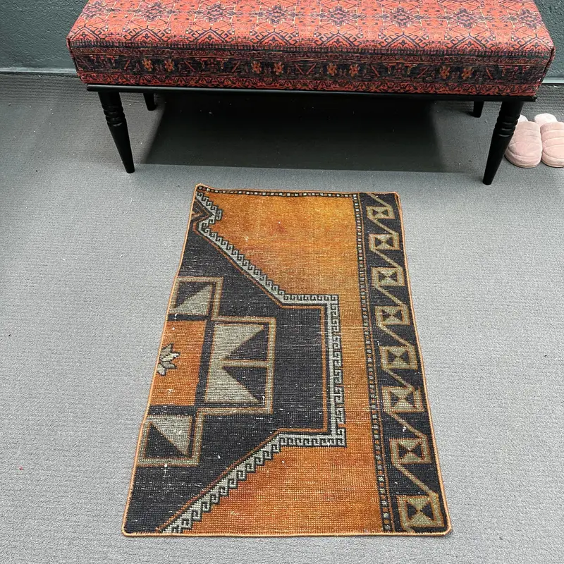 2x3.3 ft Vintage Small Rug, Turkish Orange Bordered Rug - 1