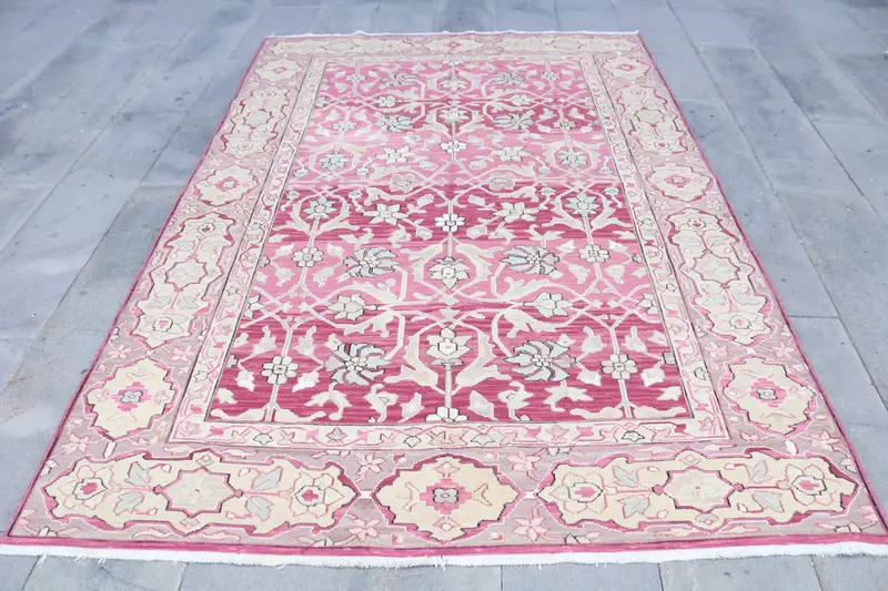 Oushak Vintage Teppich, 5,8x8,7 ft türkischer Teppich, rosa floraler Wollteppich - 1