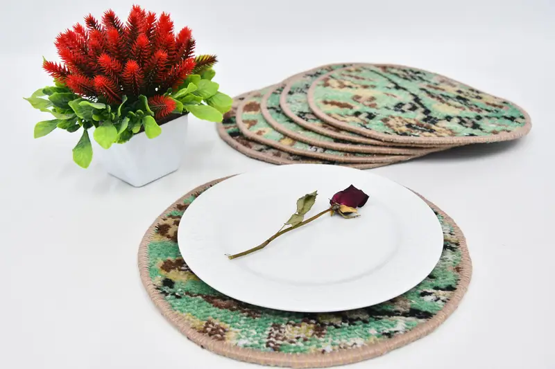 Mantel individual bohemio circular, accesorio de comedor de lana de algodón verde y marrón