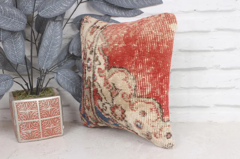 Pillow, 12x12 Red Cushion Cover, Kilim Cushion Sham, Chair Cushion, Kilim Pillow, Ikat Cushion, Square Throw Cushion Cover, Turkish Kilim Pillow - 3