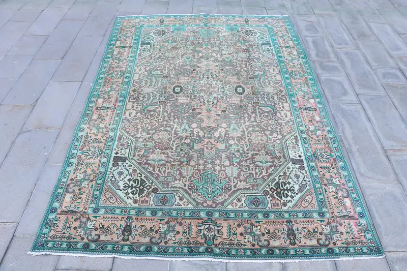 Vintage Turkish Rug, 6.6x9.5 ft Oushak Rug, Blue Brown Ombré Rug - 1