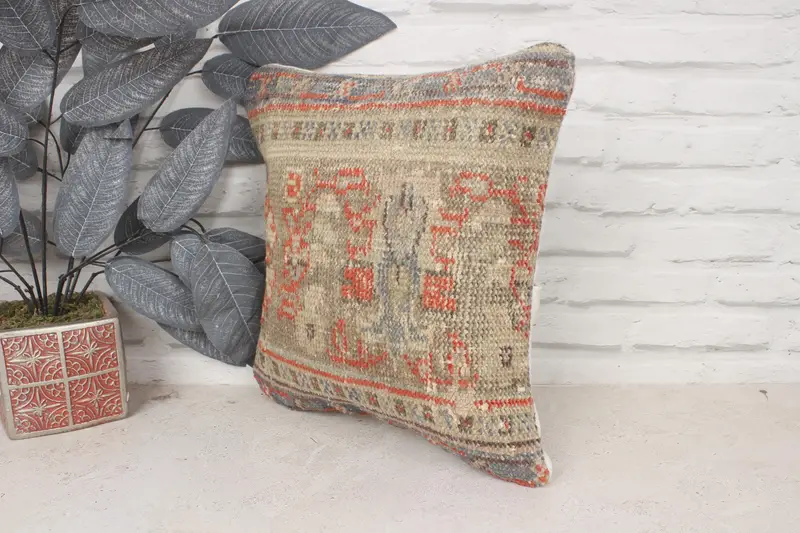 Turkish Rugs Pillow Case, Vintage Pillow, Antique Pillows, 14x14 Blue Pillow Case, Cushion Cover, Custom Cushion Case, Throw Kilim Pillow - 4
