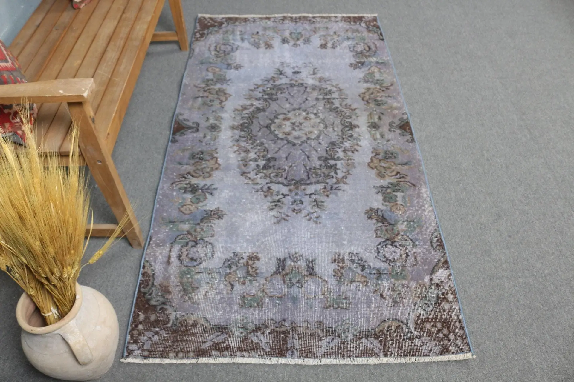 Türk Vintage Halı 3.2x6.2 ft, Gri Kareli Halı - 1