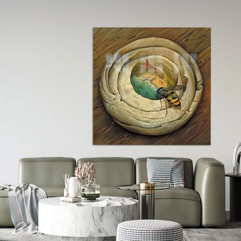 モダンな抽象蜂プリント ガラス: あなたの空間にシュールなエレガンスを