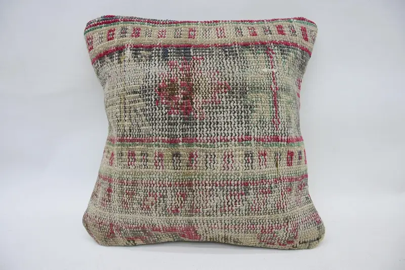 Handwoven Vintage Blue Pillowcase, Antique 14x14 inch Small Square Pillow - 1