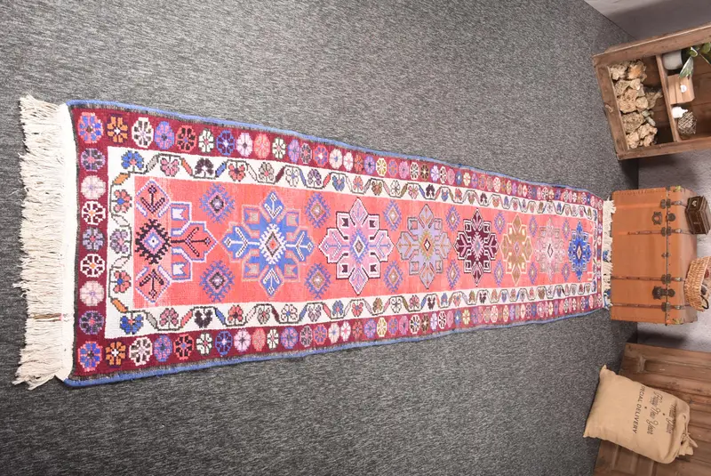 Vintage 2.9x13.5 ft Rug, Runner Turkish Rug, Pink Geometric Wool Rug - 1