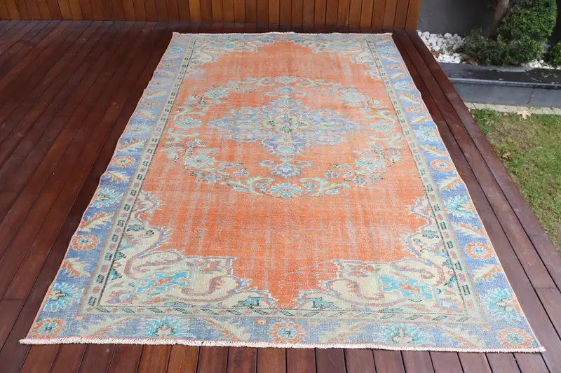 Turkish Rug, 5.6x8.8 ft Large Rug, Orange Blue Oushak Wool Rug - 1
