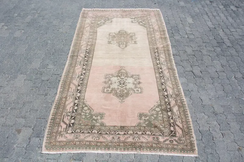 Turkish Oushak Rug 4.7x8.9 ft (144x270 cm), Pink Striped Vintage Rug - 1