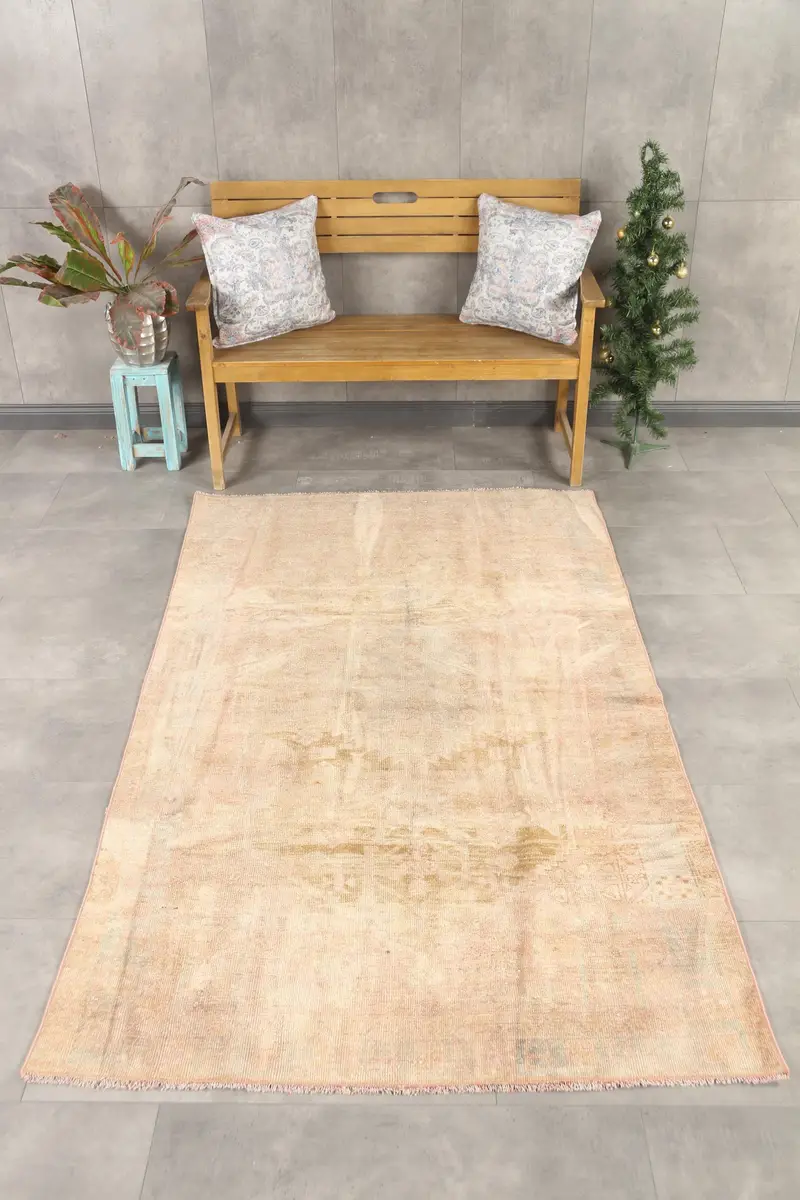 Alfombra turca, alfombra vintage de área de 4,3x7,4 pies, alfombra paisley rosa marrón oushak - 1