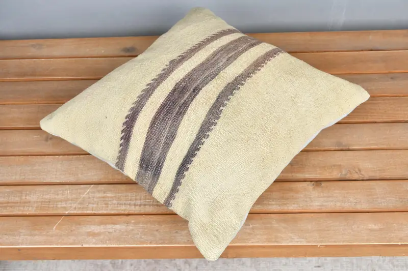 Wool Kilim Pillow Cushion, Pillow Sham, Turkish Kilim Pillow, Kilim Cushion Sham, Antique Pillows, Floor Pillow Case, 16x16 Beige Pillow Cover - 2