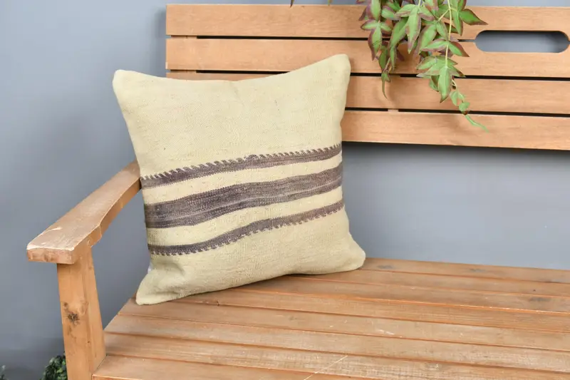 Wool Kilim Pillow Cushion, Pillow Sham, Turkish Kilim Pillow, Kilim Cushion Sham, Antique Pillows, Floor Pillow Case, 16x16 Beige Pillow Cover - 1