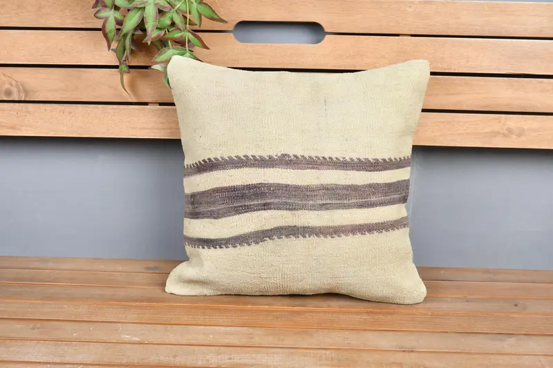 Wool Kilim Pillow Cushion, Pillow Sham, Turkish Kilim Pillow, Kilim Cushion Sham, Antique Pillows, Floor Pillow Case, 16x16 Beige Pillow Cover - 6