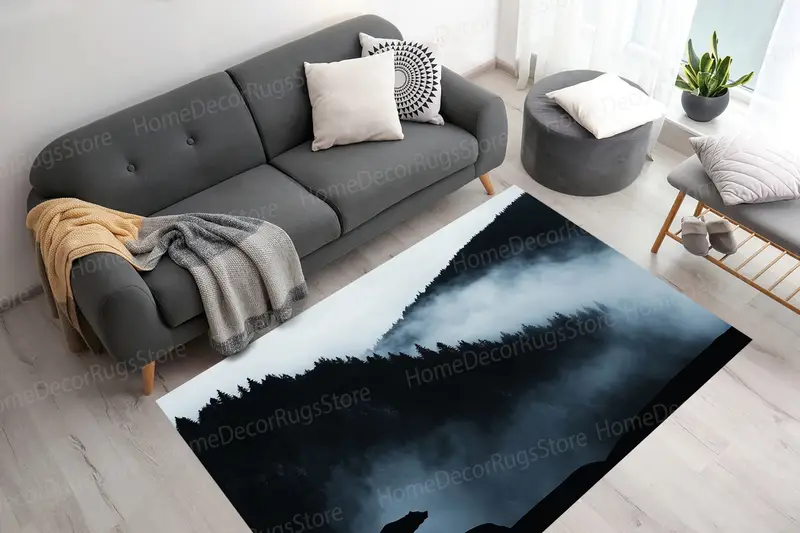 Misty Mountain Bear Silhouette Printed Rug, Farmhouse Decor