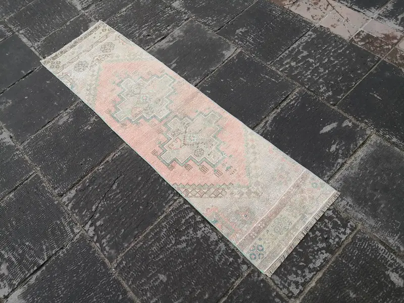 1.5x8.9 ft Turkish Rug, Vintage Runner Rug, Pink Blue Polka dot Rug - 1