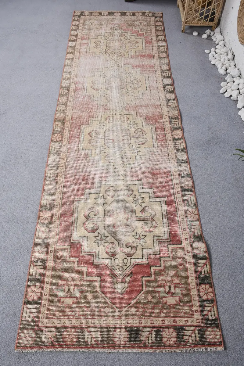 Kırmızı & Bej Kareli Halı, 2,8x9,2 ft Zarif Dekor