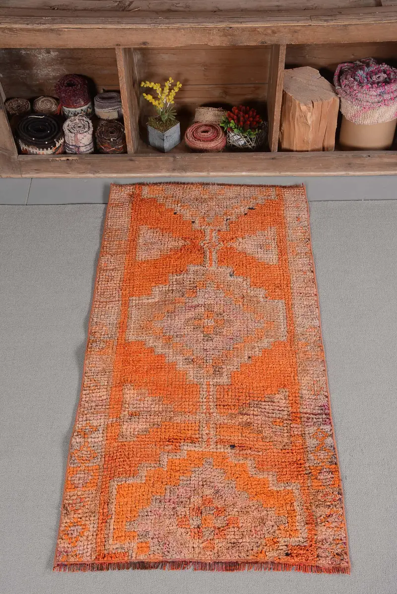 Vintage Small Rug 2.5x4.9 ft (76x150 cm), Herki Orange Geometric Turkish Rug - 1