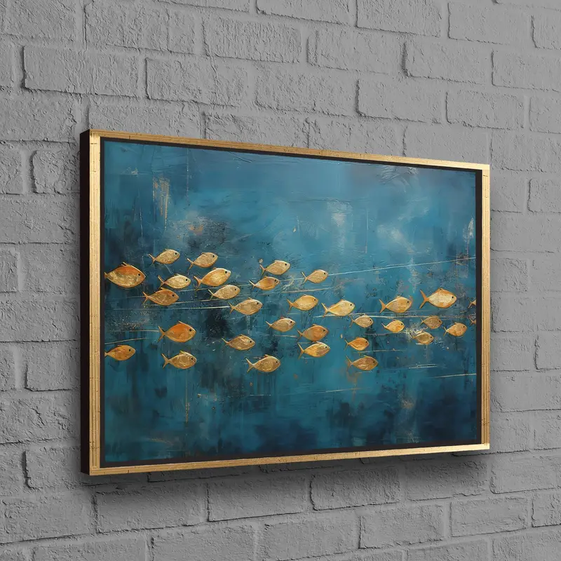 モダンなブルーとゴールドの魚のキャンバス: エレガントなプリントアート