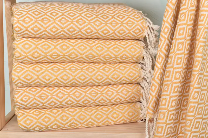 Monogrammed Turkish Beach Towel Mustard Diamond, Beige, Organic Cotton/Linen, 40x71 Inches