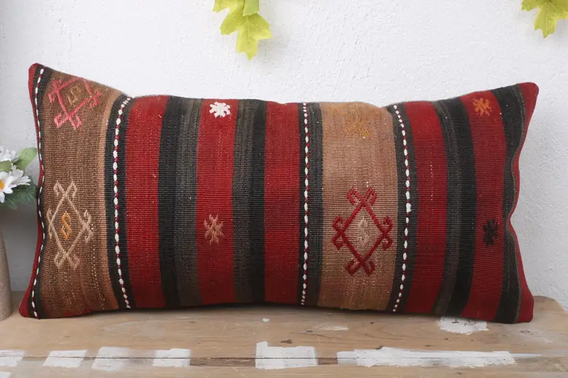 Vintage Kilim Yastığı, Türk Yastığı, Toptan Yastık Örtüsü, 12x24 Kırmızı Yastık Kılıfı, Veranda Yastık Kapağı, Etnik Kilim Halı Yastığı, Yastık Kılıfı - 2