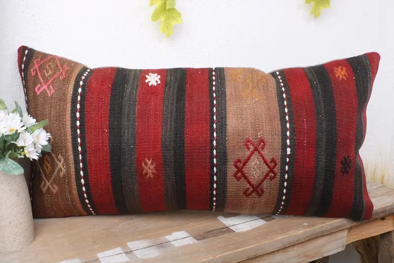 Vintage Kilim Yastığı, Türk Yastığı, Toptan Yastık Örtüsü, 12x24 Kırmızı Yastık Kılıfı, Veranda Yastık Kapağı, Etnik Kilim Halı Yastığı, Yastık Kılıfı - 4