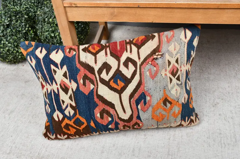 Vintage Kilim Pillow, Pillow Sham, Interior Designer Pillow, Boho Pillow Sham Cover, Art Deco Cushion Cover, 16x24 Blue Pillow Case - 7