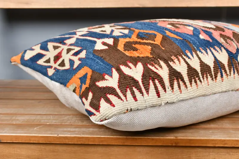 Vintage Kilim Pillow, Pillow Sham, Interior Designer Pillow, Boho Pillow Sham Cover, Art Deco Cushion Cover, 16x24 Blue Pillow Case - 4