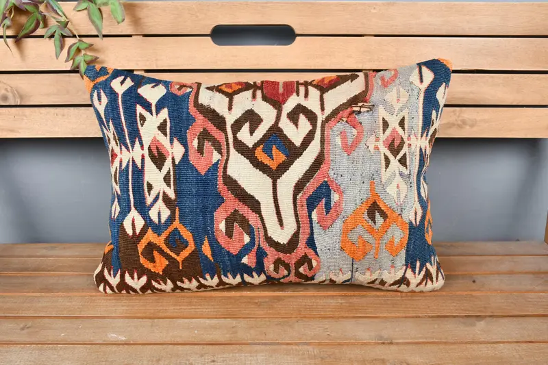 Vintage Kilim Pillow, Pillow Sham, Interior Designer Pillow, Boho Pillow Sham Cover, Art Deco Cushion Cover, 16x24 Blue Pillow Case - 6