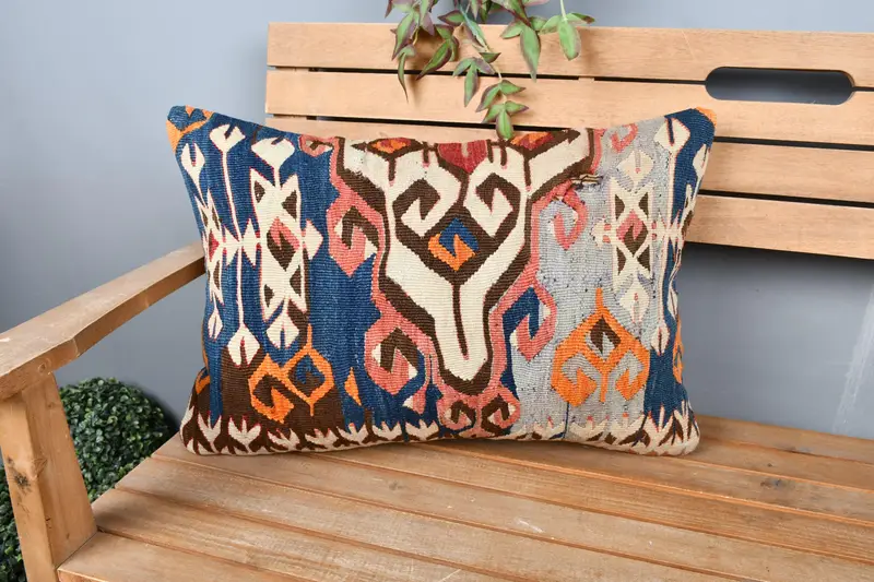 Vintage Kilim Pillow, Pillow Sham, Interior Designer Pillow, Boho Pillow Sham Cover, Art Deco Cushion Cover, 16x24 Blue Pillow Case - 1