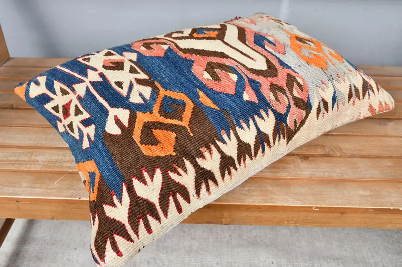 Vintage Kilim Pillow, Pillow Sham, Interior Designer Pillow, Boho Pillow Sham Cover, Art Deco Cushion Cover, 16x24 Blue Pillow Case - 2