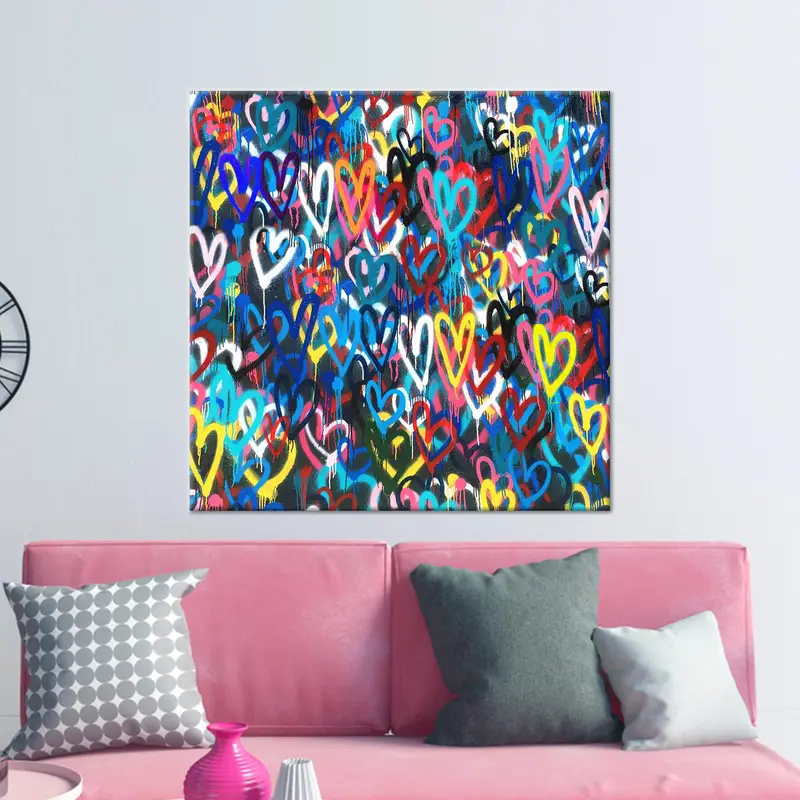 Lienzo vibrante de corazones de amor de Banksy: arte impreso multicolor