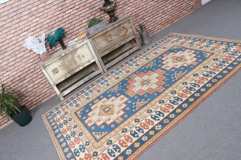 5,5x8,3 ft großer Vintage Teppich, türkischer Teppich, blau roter massiver Wollteppich - 1