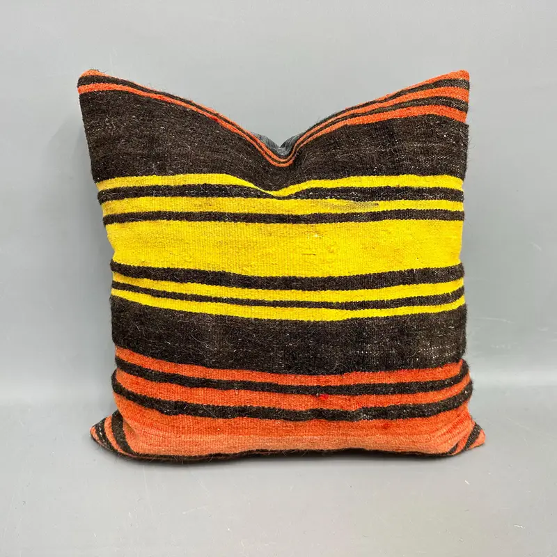 Almohada de tiro a rayas naranja y amarilla, cojín Kilim vintage