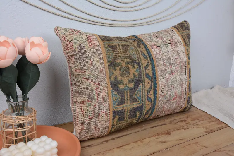 Handmade Kilim Cushion, Patio Cushion, Pillow Sham, Throw Kilim Pillow, Car Pillow Sham, 16x24 Green Cushion Cover, Vintage Kilim Throw Pillow - 1