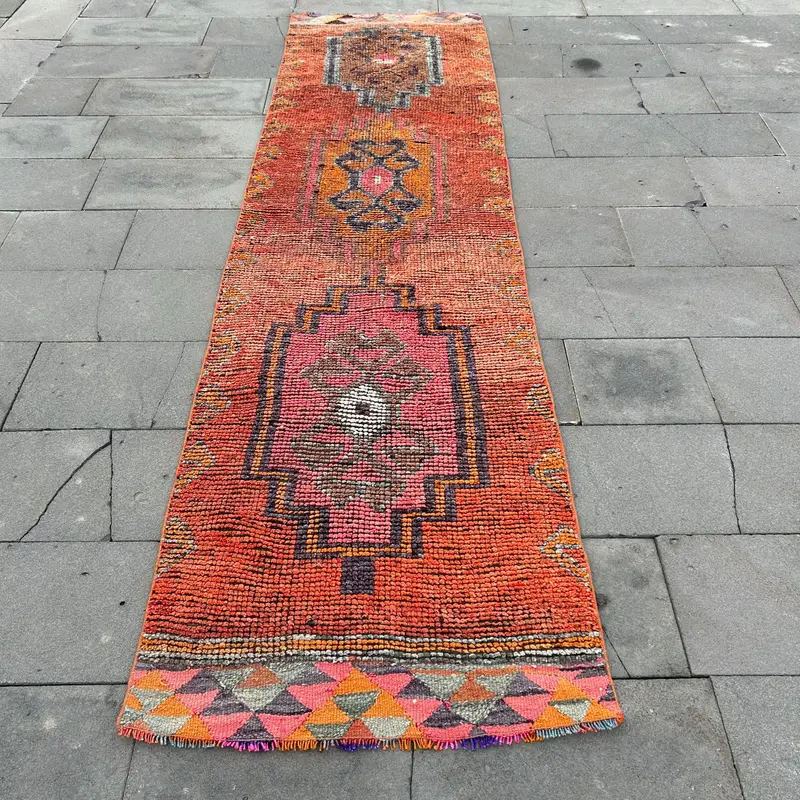 Vintage Turkish Rug, 2.8x10.3 ft Runner Rug, Red Herki Striped Rug - 1