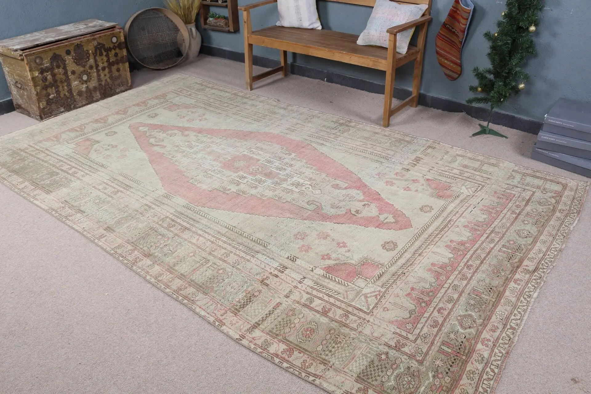 6.2x10.7 ft Halı, Vintage Türk Halısı, Pembe Gri Oryantal Halı - 1