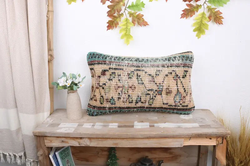 Antique Pillows, Morroccon Kilim Cushion Pillow Case, 12x20 Beige Cushion, Chair Cushion Cover, Kilim Pillow, Turkish Pillow, Pillow Case - 1