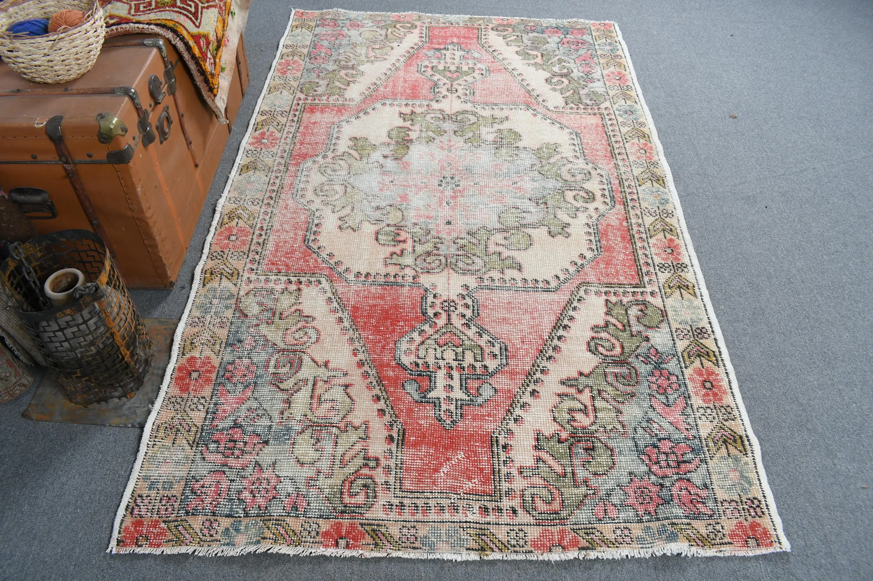 Alfombra vintage, alfombra turca de 4,3x7,1 pies, alfombra de lana Ikat verde rojo - 1