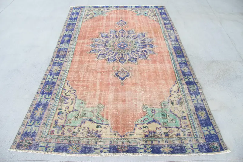 Blue & Orange Striped Rug, 6,5x9,6 ft Unique Design