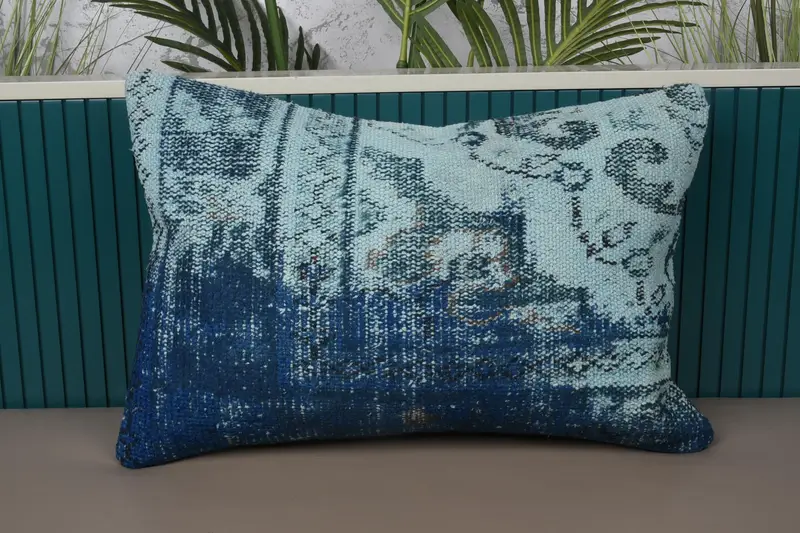 Blaues und braunes Southwestern-Wurfkissen, handgefertigtes 16x24 besticktes Kissen