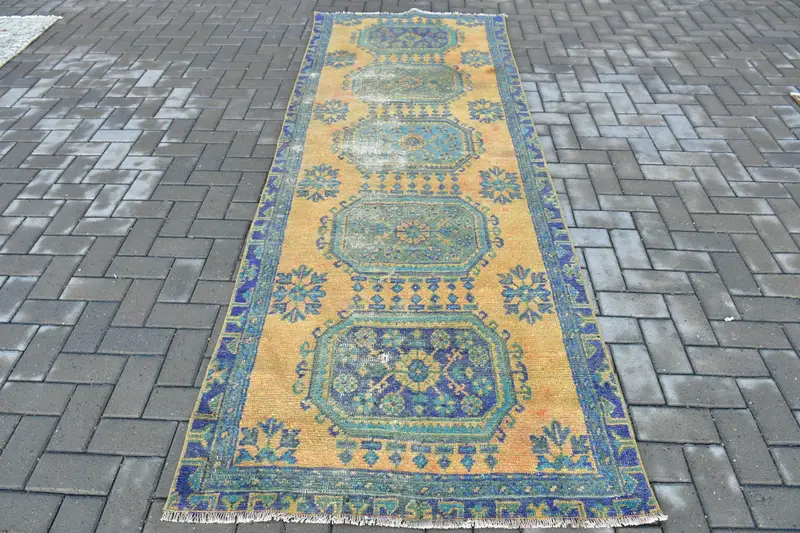 Türkischer Vintage-Läuferteppich, 108 x 303 cm, blauer gepunkteter Oushak-Teppich - 1