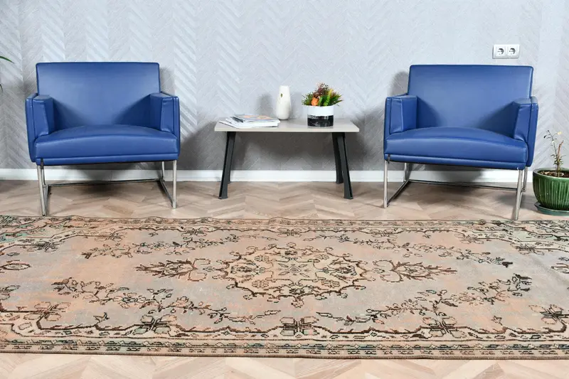 Türk 4.8x10.3 ft Halı, Oushak Vintage Halı, Kahverengi Ombré Yün Halı - 1