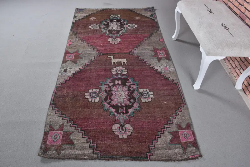 Purple & Gray Rug, 3.6x7.4 ft Botanical Design