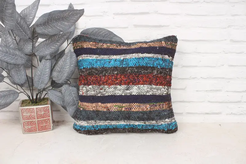 Pillow for Sofa, Vintage Kilim Throw Pillow, Vintage Throw Cushion Case, Turkish Kilim Pillow, 16x16 Blue Pillow Case, Pillow Sham, Yoga Pillow Case - 1
