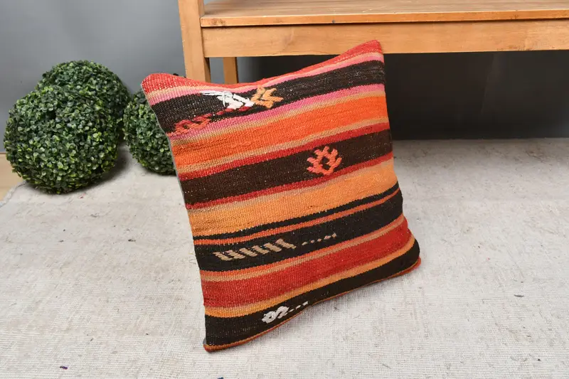 18x18 Orange Pillow Case, Kilim Cushion Sham, Throw Kilim Pillow, Pillow, Kilim Pillow Cover, Boho Throw Cushion Cover, Pet Cushion Case - 7