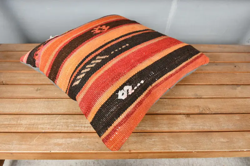 18x18 Orange Pillow Case, Kilim Cushion Sham, Throw Kilim Pillow, Pillow, Kilim Pillow Cover, Boho Throw Cushion Cover, Pet Cushion Case - 2