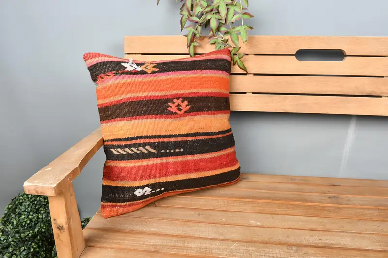 18x18 Orange Pillow Case, Kilim Cushion Sham, Throw Kilim Pillow, Pillow, Kilim Pillow Cover, Boho Throw Cushion Cover, Pet Cushion Case - 1